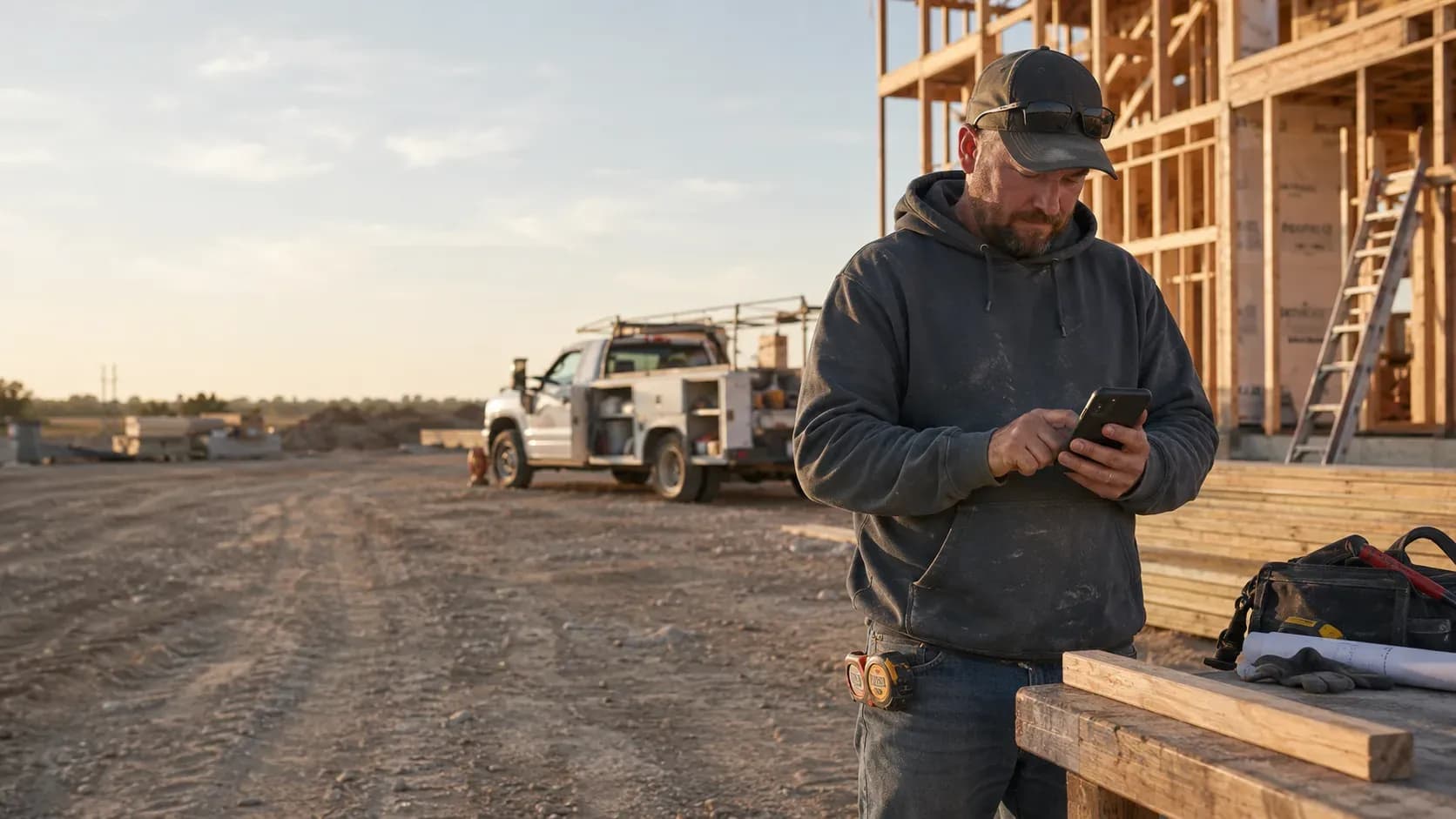 Interface concept: subcontractor logging field time from a phone on an active jobsite